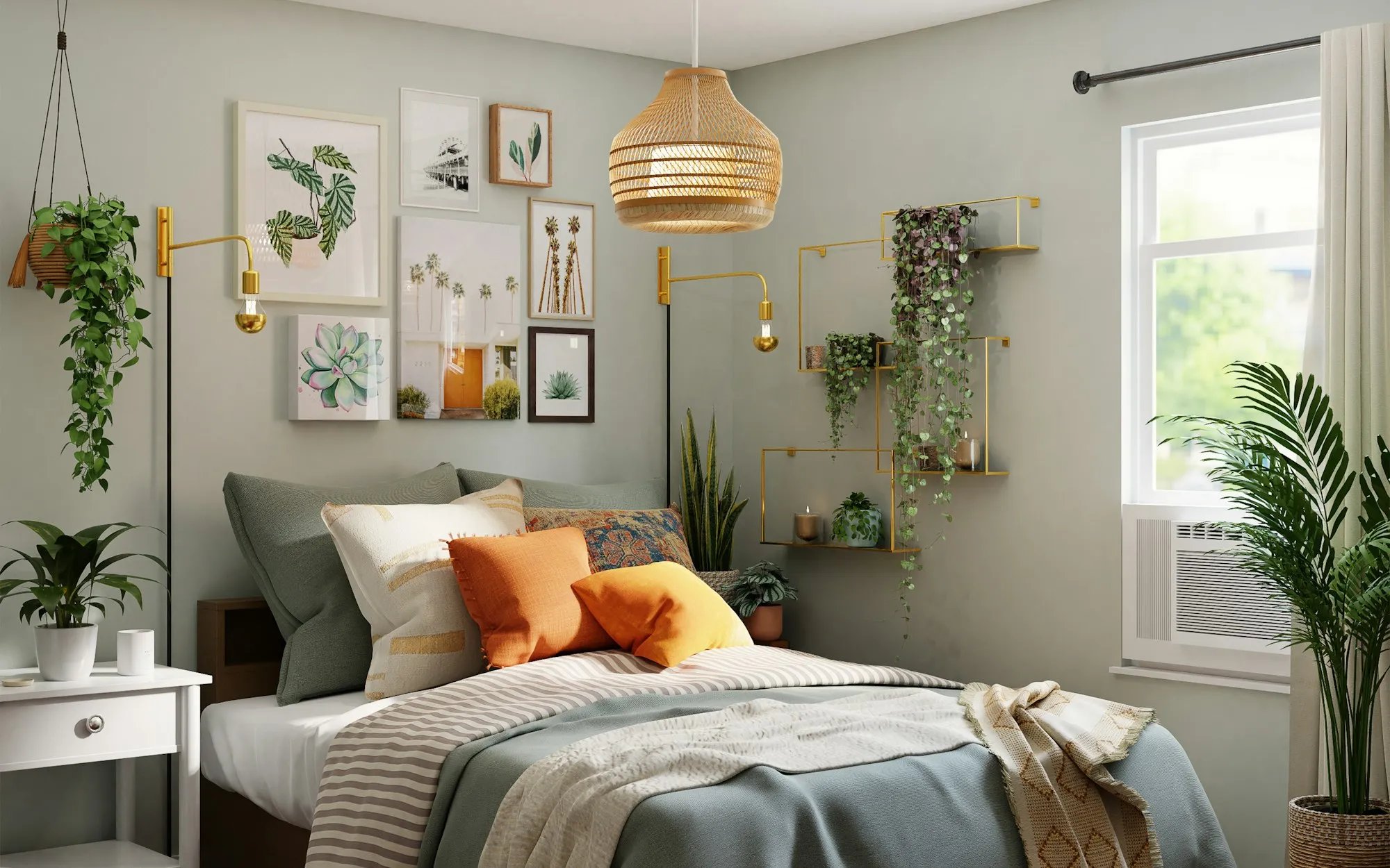 A bedroom with soft green walls, layered textiles and hanging plants