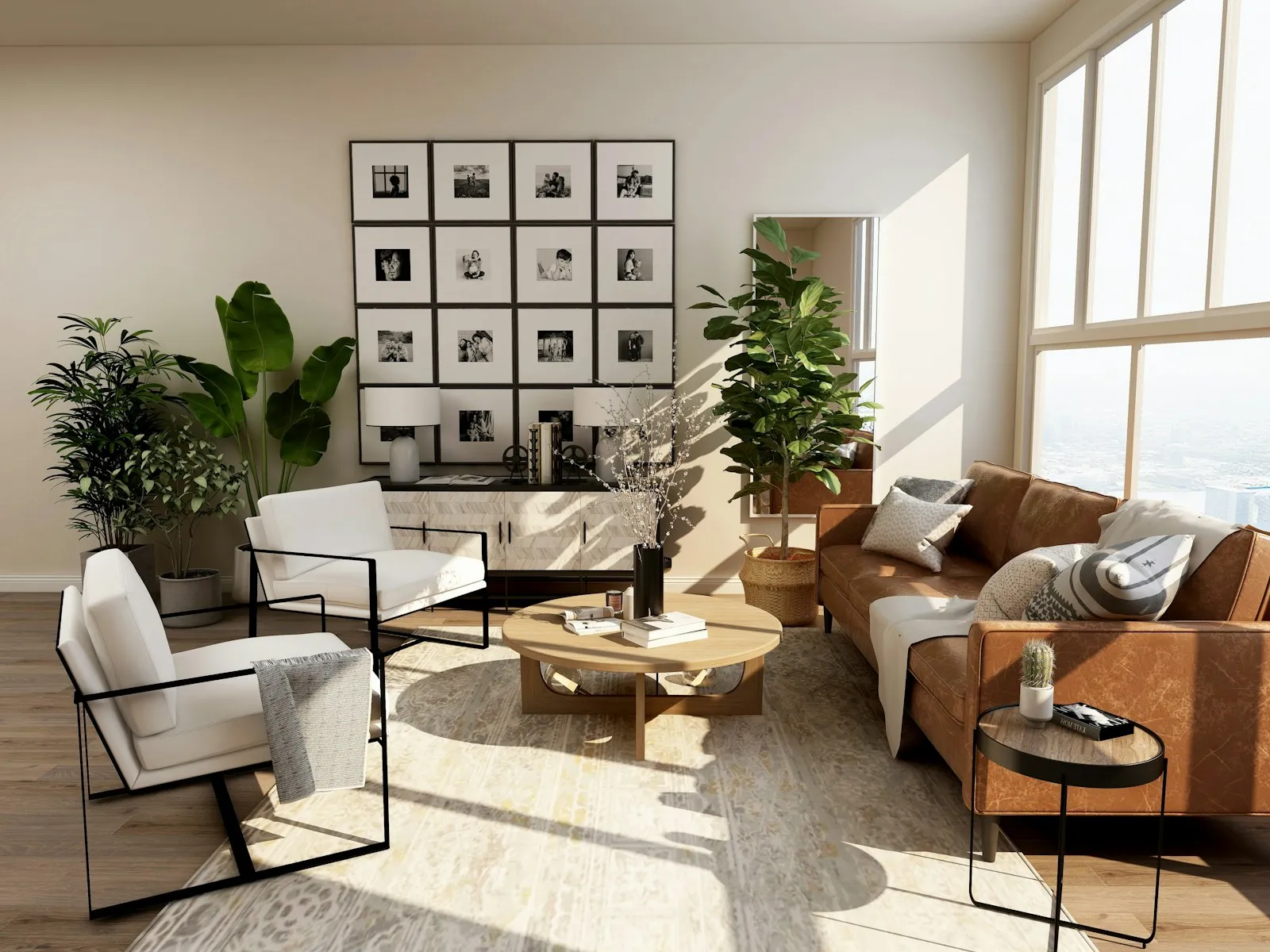 A styled living room with a gallery wall, rug and coffee table