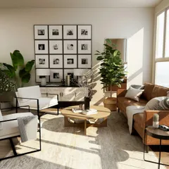 A styled living room with a gallery wall, rug and coffee table